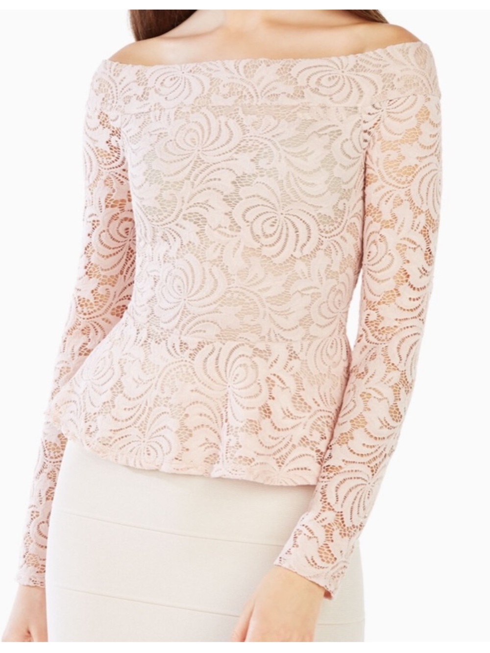 BCBGMaxAzria Pale Blush Off-the-Shoulder Lace Peplum Top